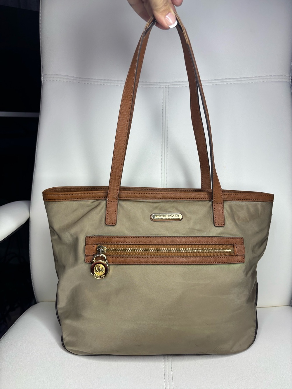 Michael Kors Taupe Nylon Tote with Brown Trim and Gold Hardware